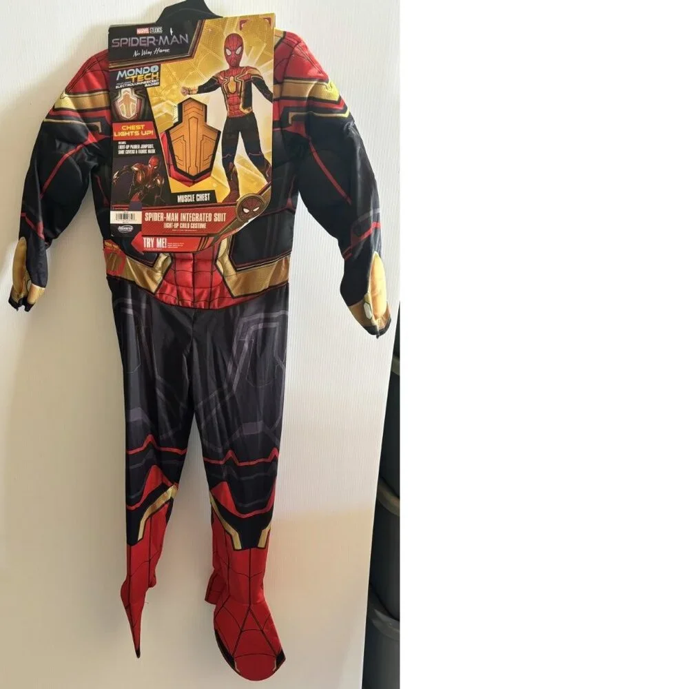 Spiderman Light Up Muscle Halloween Costume 8 Marvel Jumpsuit w/ Boot Tops Boys